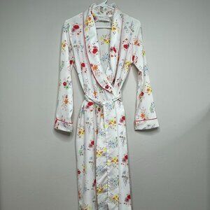 Vtg Christian Dior White Floral Long Dressing Robe & Belt Size Large Made in USA